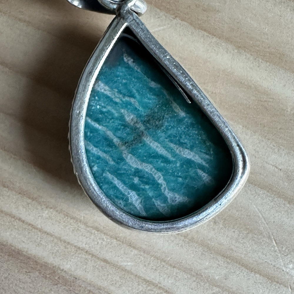 Vintage Artisan Pendant 1.625 Inch Blue Green Banded Amazonite 925 Sterling 9.0g - Picture 3 of 9